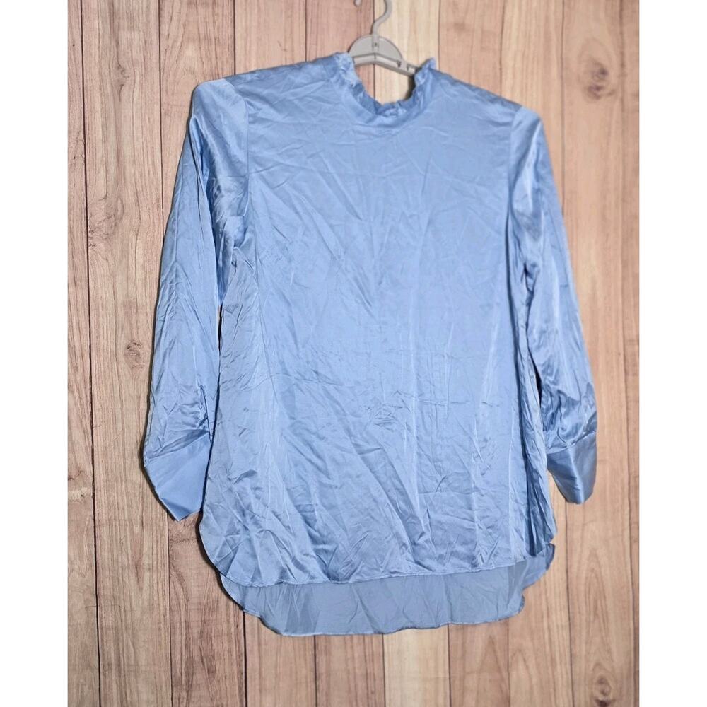 Zara Satin Blouse Top Womens XL Large Blue Long Button Sleeves V Neck NWT - Picture 3 of 9